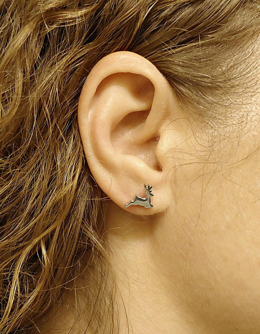 Tiny Christmas Reindeer Stud Earrings, Stainless Steel, 8mm, Hypoallergenic, Non-Tarnishing, Deer, Reindeer, Flying Reindeer, Silver