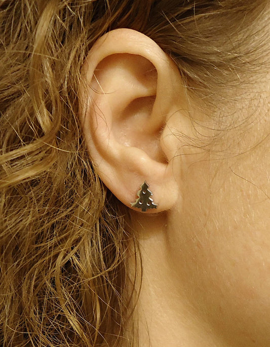 Silver Christmas Tree Stud Earrings, 10mm, Minimalist Christmas Earrings, Stainless Steel, Hypoallergenic and Non-Tarnishing, Small Studs