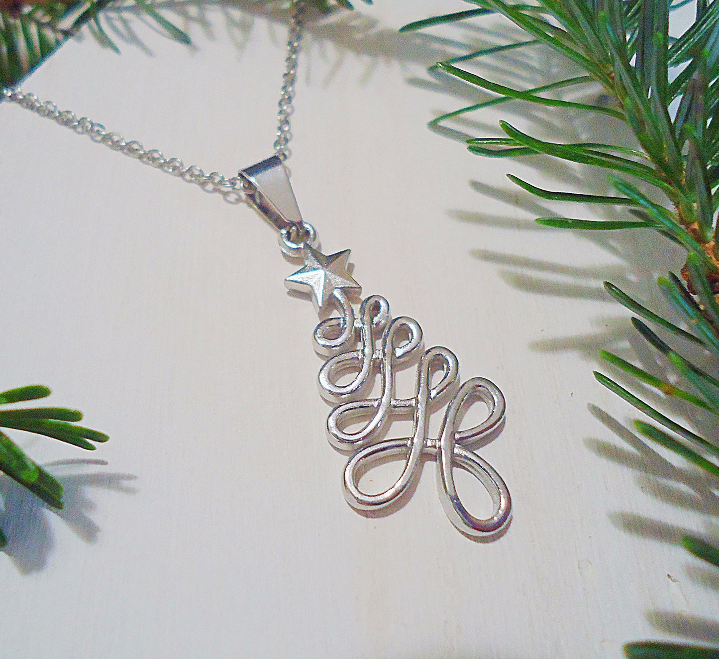 Christmas Tree Necklace, Stainless Steel, Silver, 18 inch Necklace, 1 1/8" Pendant
