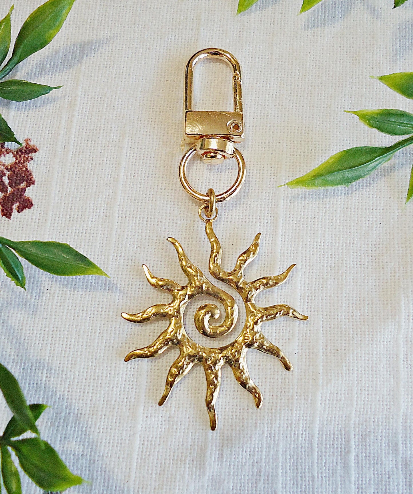 Hammered Golden Sun Bag Charm, Zipper Pull, Bag Clip