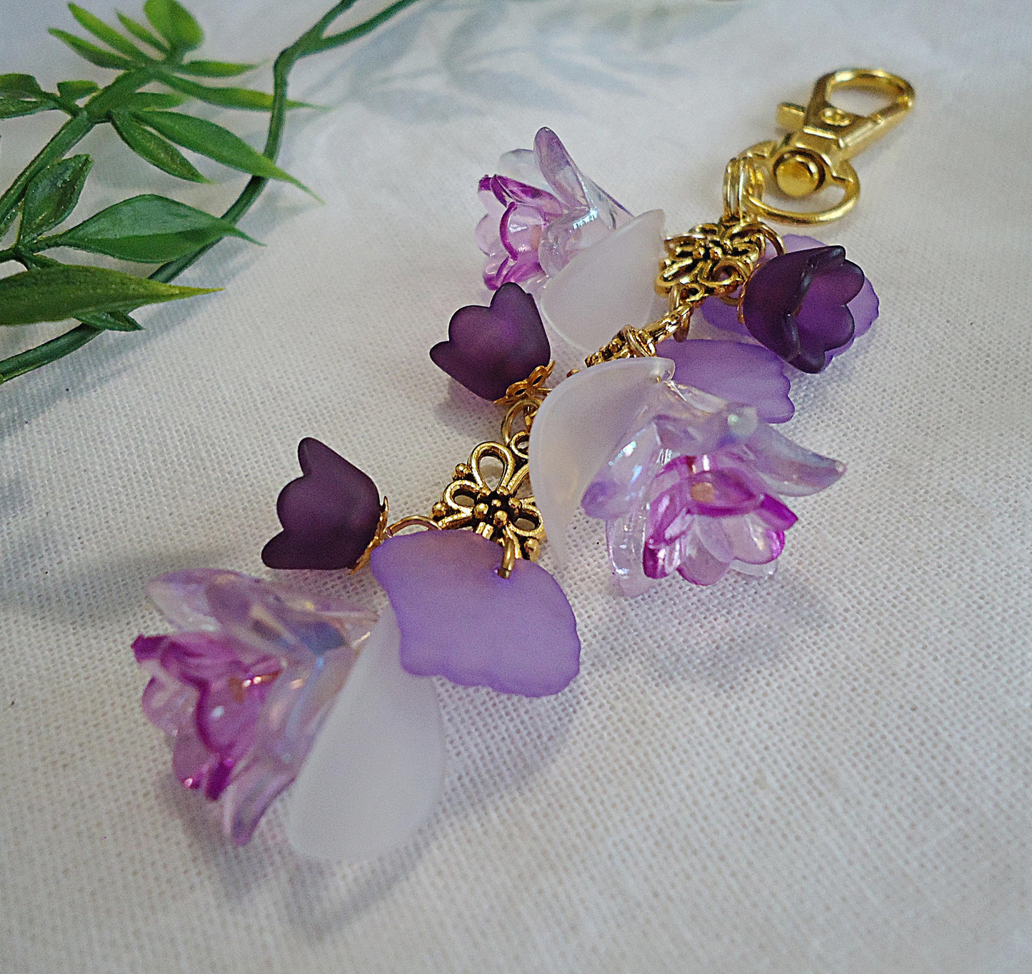 Bag Charm, Purple Flowers, White Petals, Gold Flower, Swivel Clasp, Key Chain, Zipper Pull, Purse Charm, Lily of the Valley, Tulip