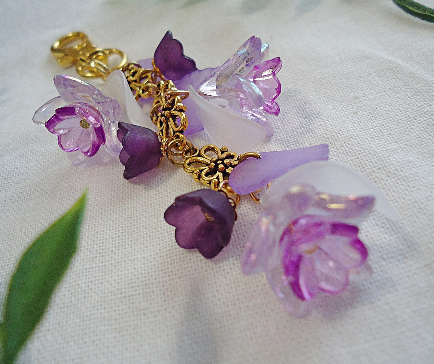 Bag Charm, Purple Flowers, White Petals, Gold Flower, Swivel Clasp, Key Chain, Zipper Pull, Purse Charm, Lily of the Valley, Tulip