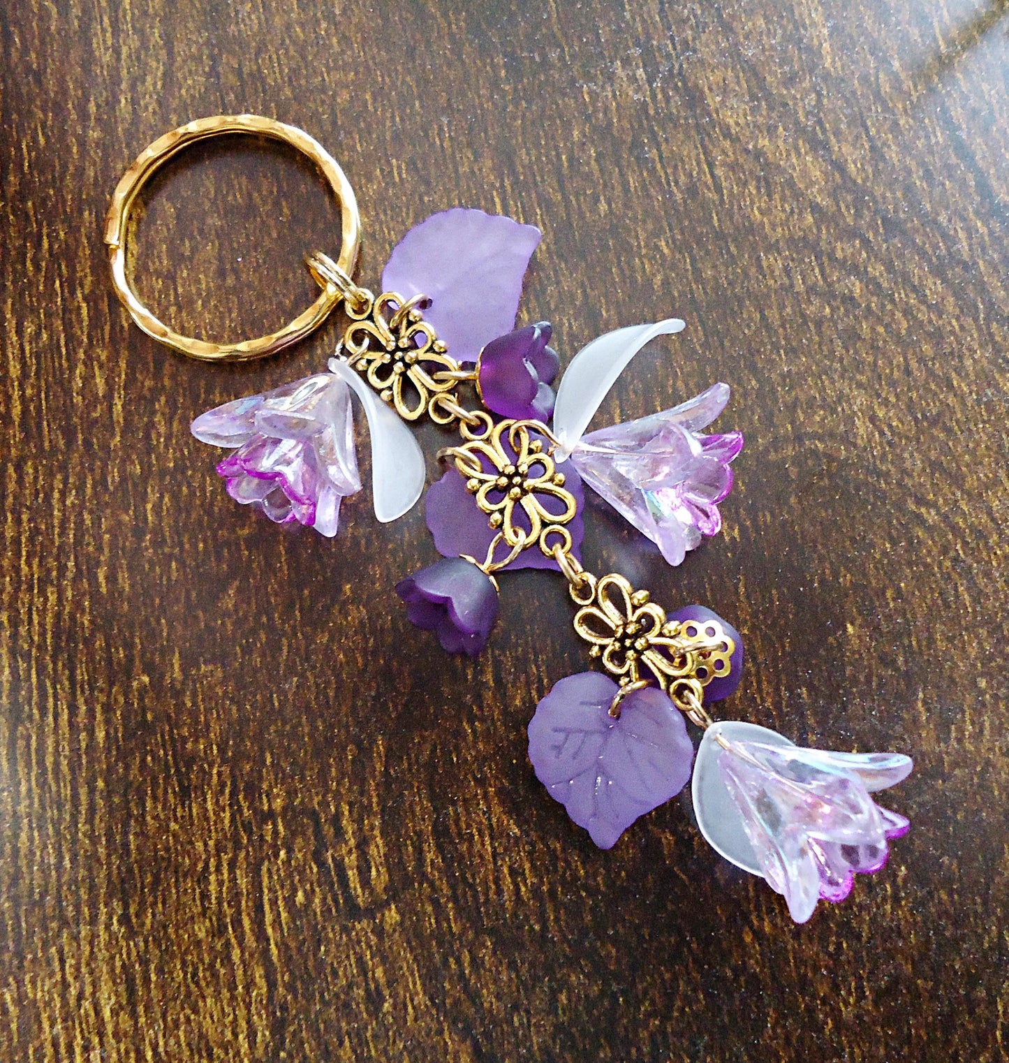 Bag Charm, Purple Flowers, White Petals, Gold Flower, Swivel Clasp, Key Chain, Zipper Pull, Purse Charm, Lily of the Valley, Tulip