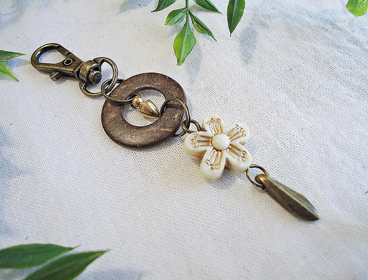 Bag Charm, Coconut Shell, Alabaster Flower, Bronze and Gold, 2.5" Dangle