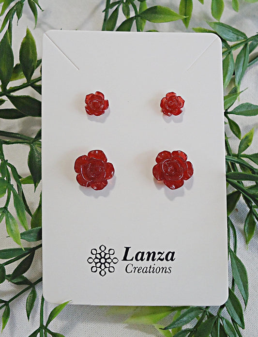 Two Pairs - Small Red Rose Earrings, Resin and Stainless Steel, 12mm and 8mm Wide, Hypoallergenic, Non-Tarnishing, 3 Dimensional Rose Petals