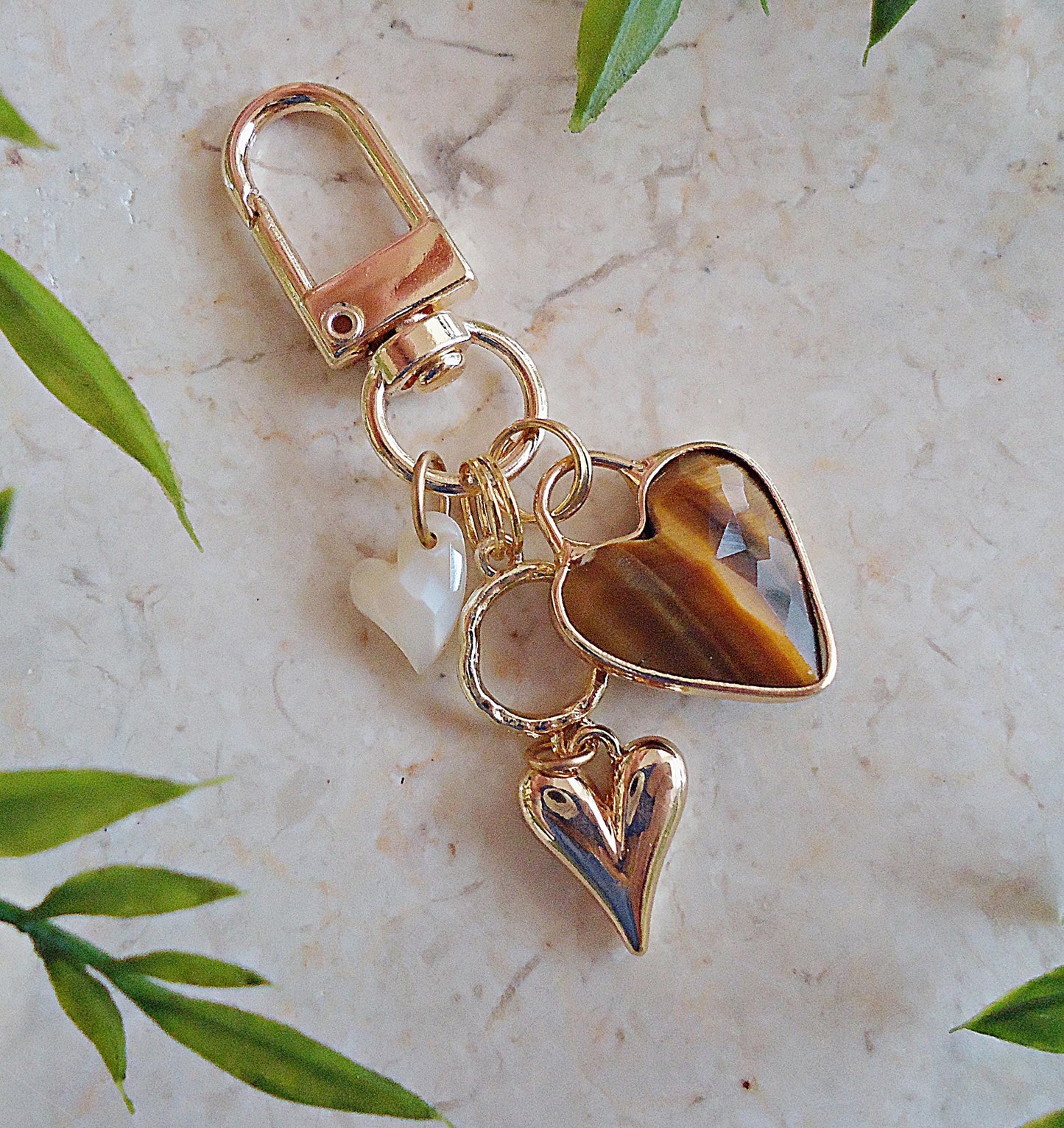 Tigereye Stone Heart Bag Charm, Gold Hearts, Mother of Pearl Heart, Triple Heart Bag Charm, Zipper Pull