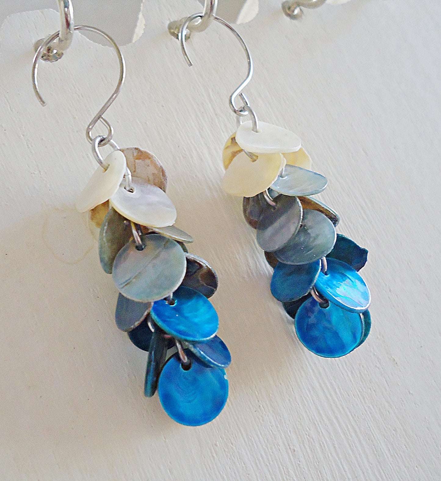 Mother of Pearl Royal Blue Ombre Dangle Earrings, Seashell, Stainless Steel