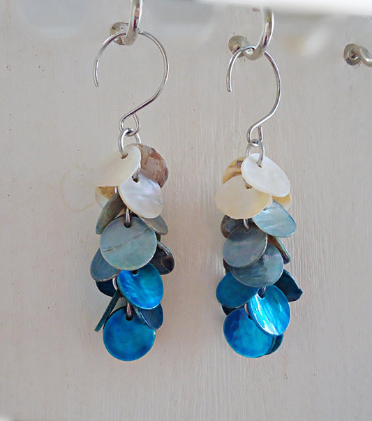 Mother of Pearl Royal Blue Ombre Dangle Earrings, Seashell, Stainless Steel
