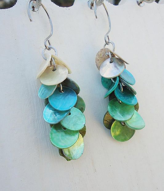 Mother of Pearl Sea Green Ombre Dangle Earrings, Seashell, Stainless Steel