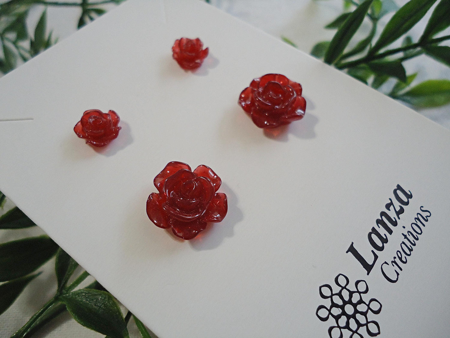 Two Pairs - Small Red Rose Earrings, Resin and Stainless Steel, 12mm and 8mm Wide, Hypoallergenic, Non-Tarnishing, 3 Dimensional Rose Petals