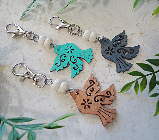Bag Charm, Painted Wooden Birds and White Marbled Stones, Silver Swivel Clasp, Turquoise, Bronze, Gray