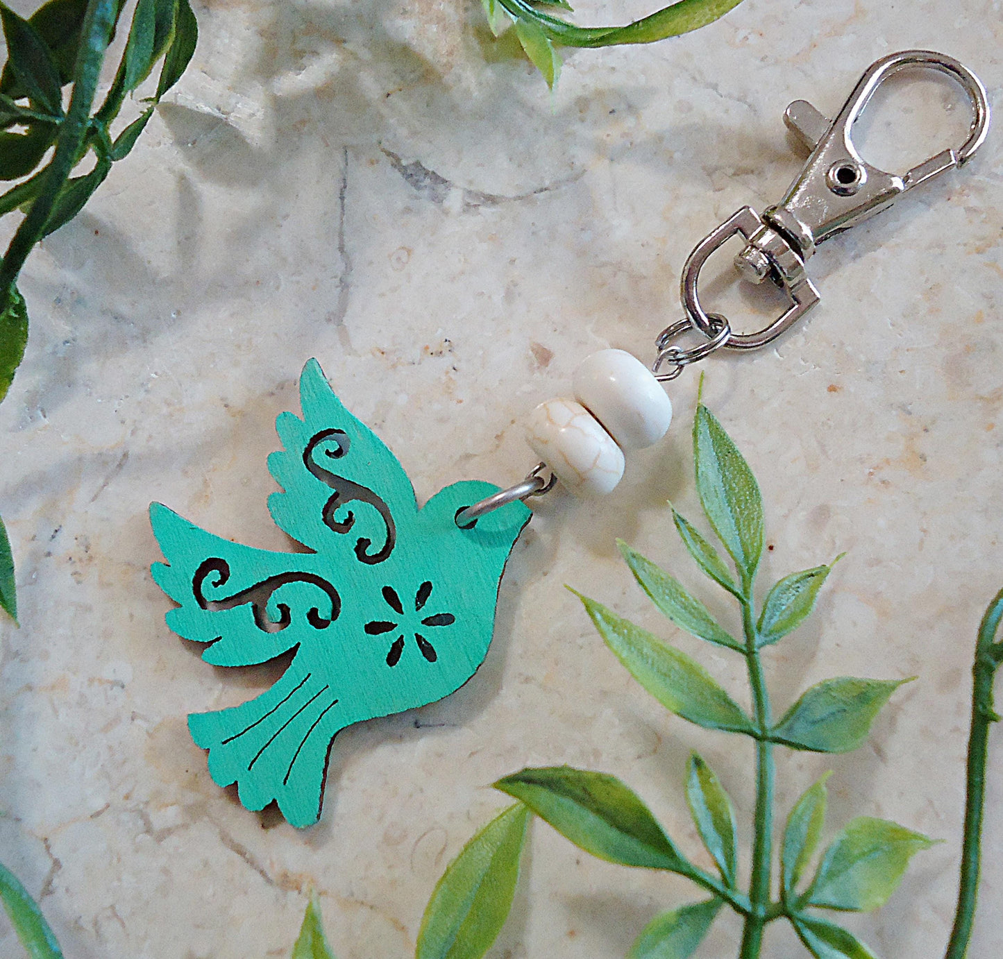 Bag Charm, Painted Wooden Birds and White Marbled Stones, Silver Swivel Clasp, Turquoise, Bronze, Gray