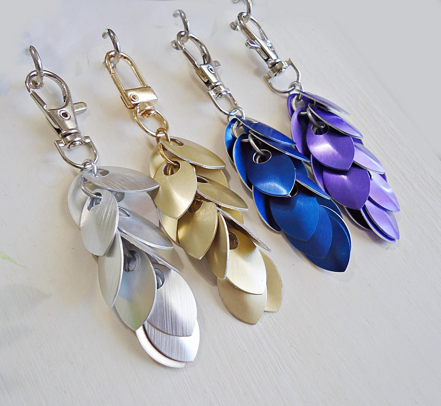 Scalemaille Bag Charm, Metallic Silver Gold Blue Purple, Dragon Scales, Zipper Pull, Keychain