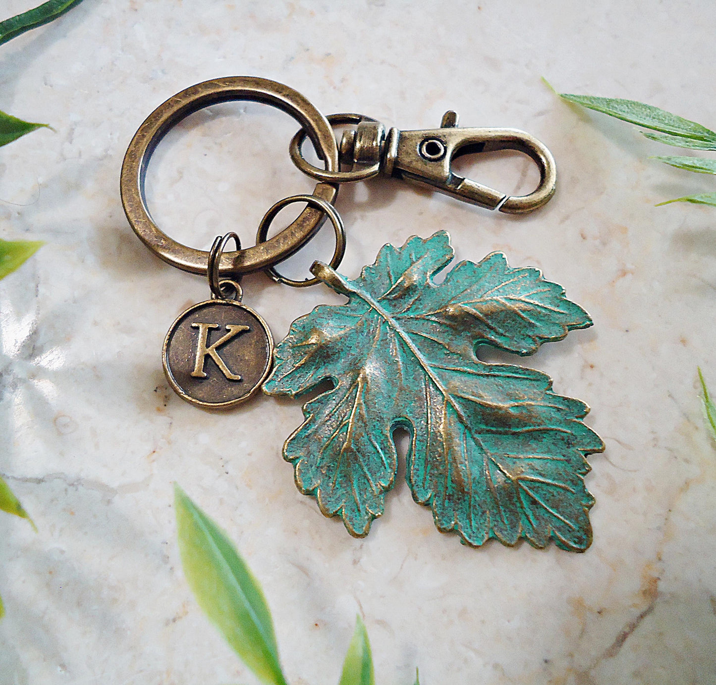 Keychain, Maple Leaf Personalized Initial Charm, Verdigris Green Patina, Oxidized Antique Bronze, Bag Charm, Bag Charm, Zipper Pull