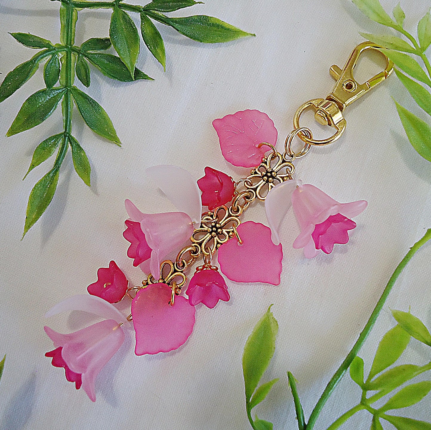 Bag Charm, Pink Flowers, White Petals, Silver or Gold, Swivel Clasp, Key Chain, Zipper Pull, Purse Charm, Lily of the Valley, Magenta Tulip