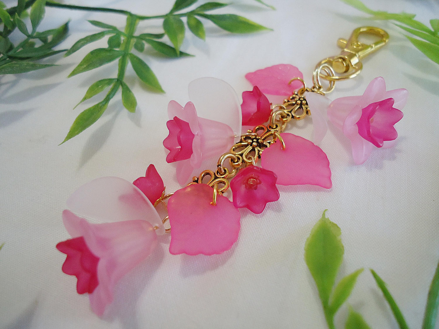 Bag Charm, Pink Flowers, White Petals, Silver or Gold, Swivel Clasp, Key Chain, Zipper Pull, Purse Charm, Lily of the Valley, Magenta Tulip