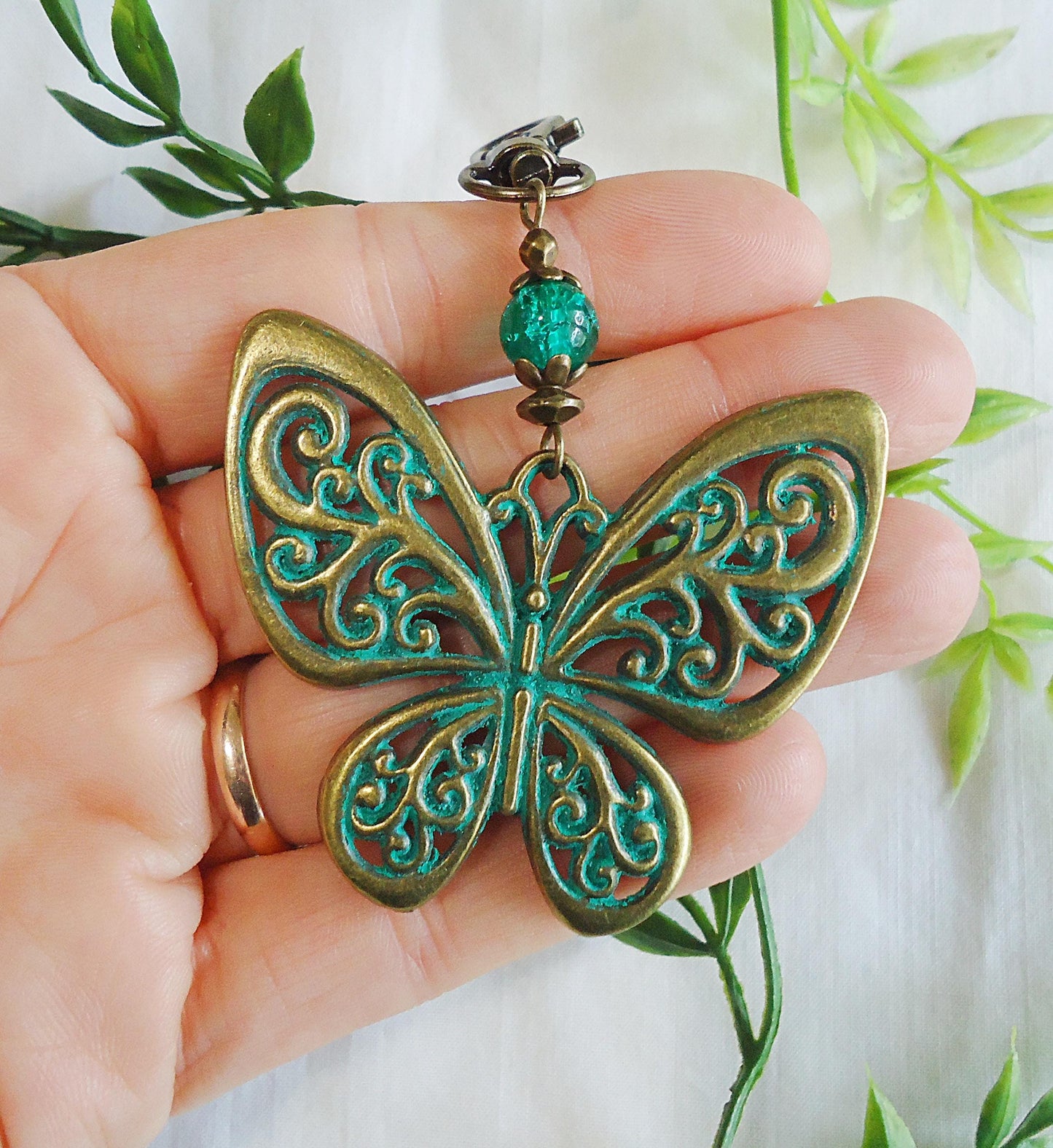 Large Verdigris Butterfly Bag Charm, Zipper Pull, Green Crackle Glass, Green Patina Bronze Butterfly, 3 5/8" Long