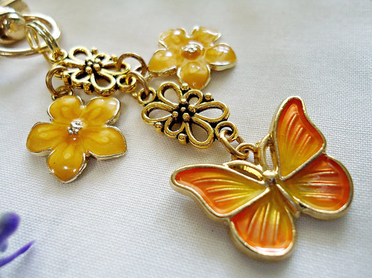 Bag Charm, Orange Butterfly and Flowers, Gold Bag Charm, Enameled Charms, Spring Bag charm, Orange Yellow Keychain