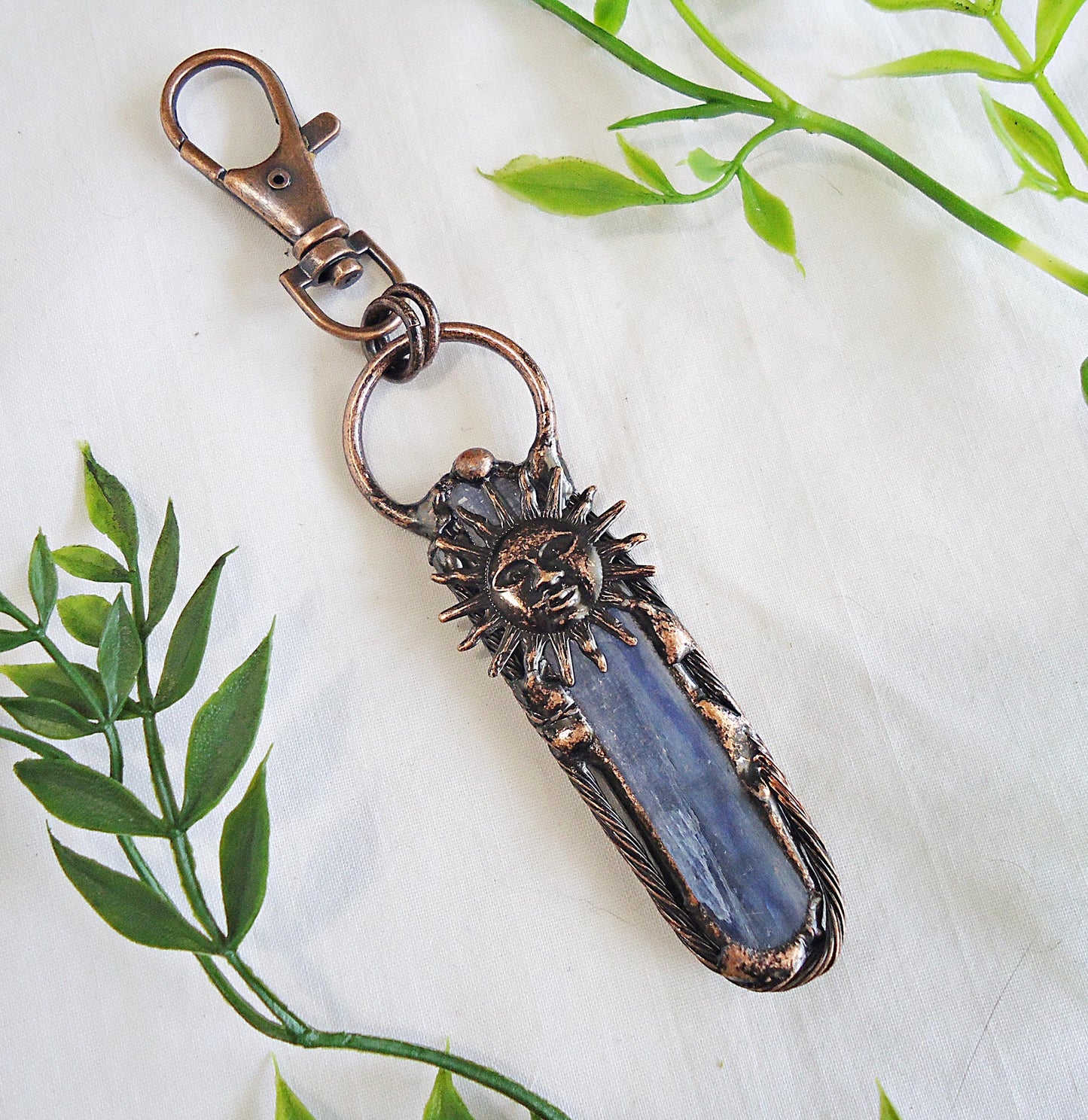 Rustic Kyanite Bag Charm with Antique Copper Sun, Zipper Pull, Purse Charm, Blue Kyanite Stone, Boho Style