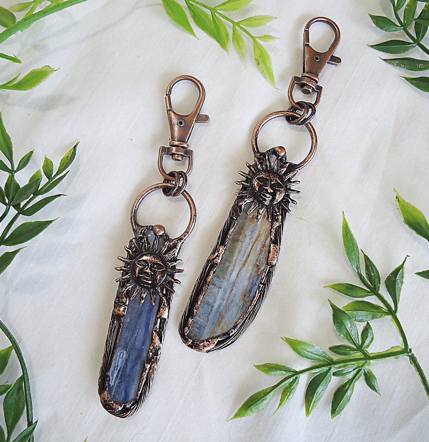Rustic Kyanite Bag Charm with Antique Copper Sun, Zipper Pull, Purse Charm, Blue Kyanite Stone, Boho Style