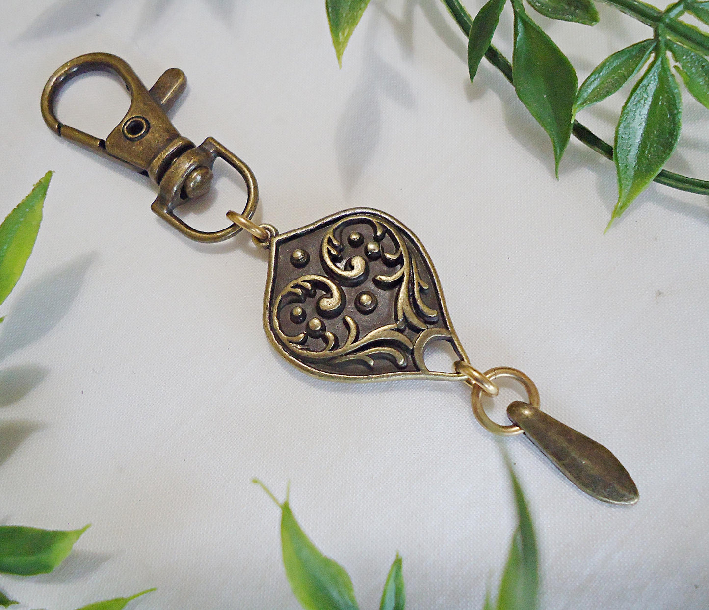 Bag Charm, Bronze Teardrop, Minimalist, Vintage Flower