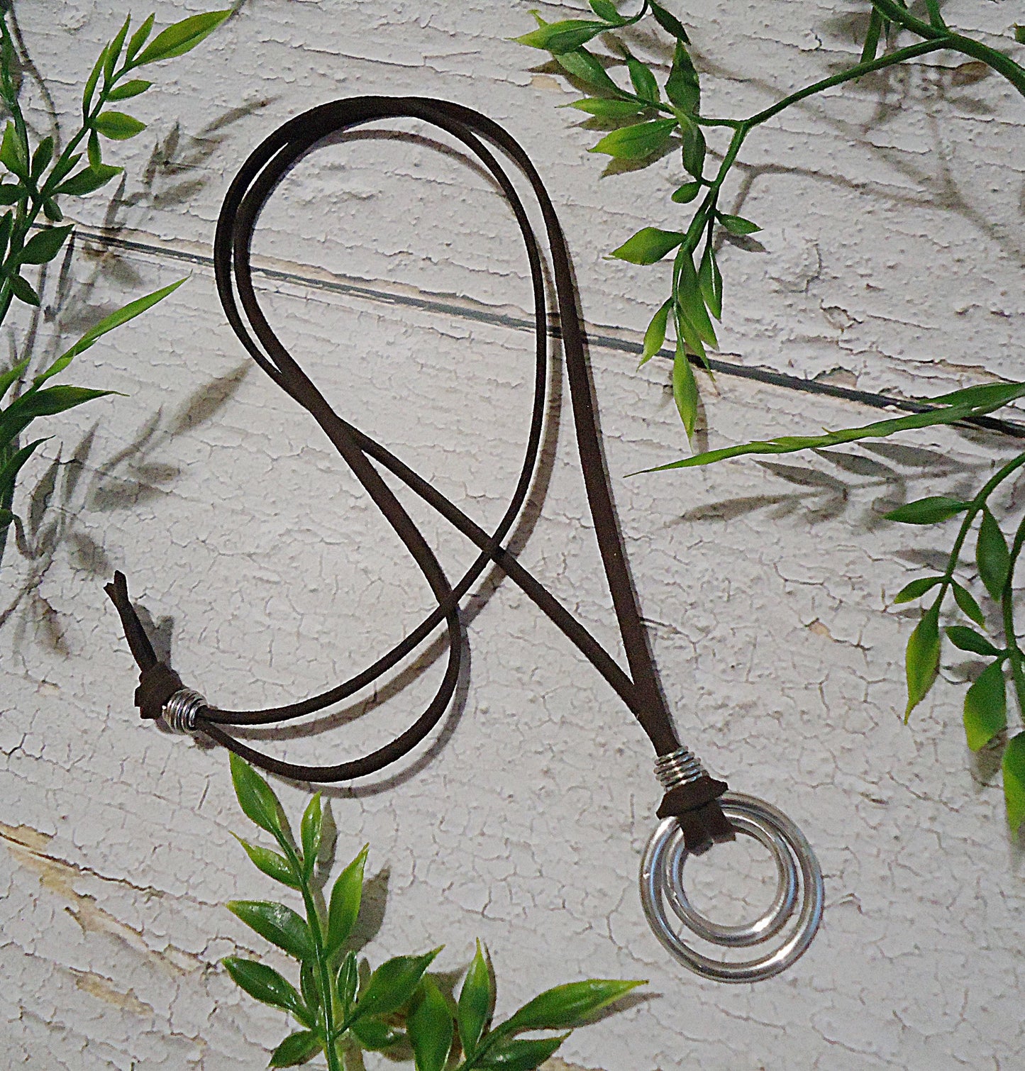 Unisex Suede Necklace with Double Silver Rings, Adjustable Length, Mens or Womens Necklace, Brown Suede, Stainless Steel