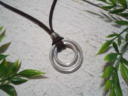 Unisex Suede Necklace with Double Silver Rings, Adjustable Length, Mens or Womens Necklace, Brown Suede, Stainless Steel
