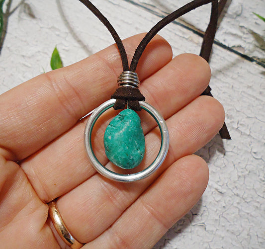 Unisex Suede Necklace with Turquoise Stone, Adjustable Length, Mens or Womens Necklace, Brown Suede, Stainless Steel