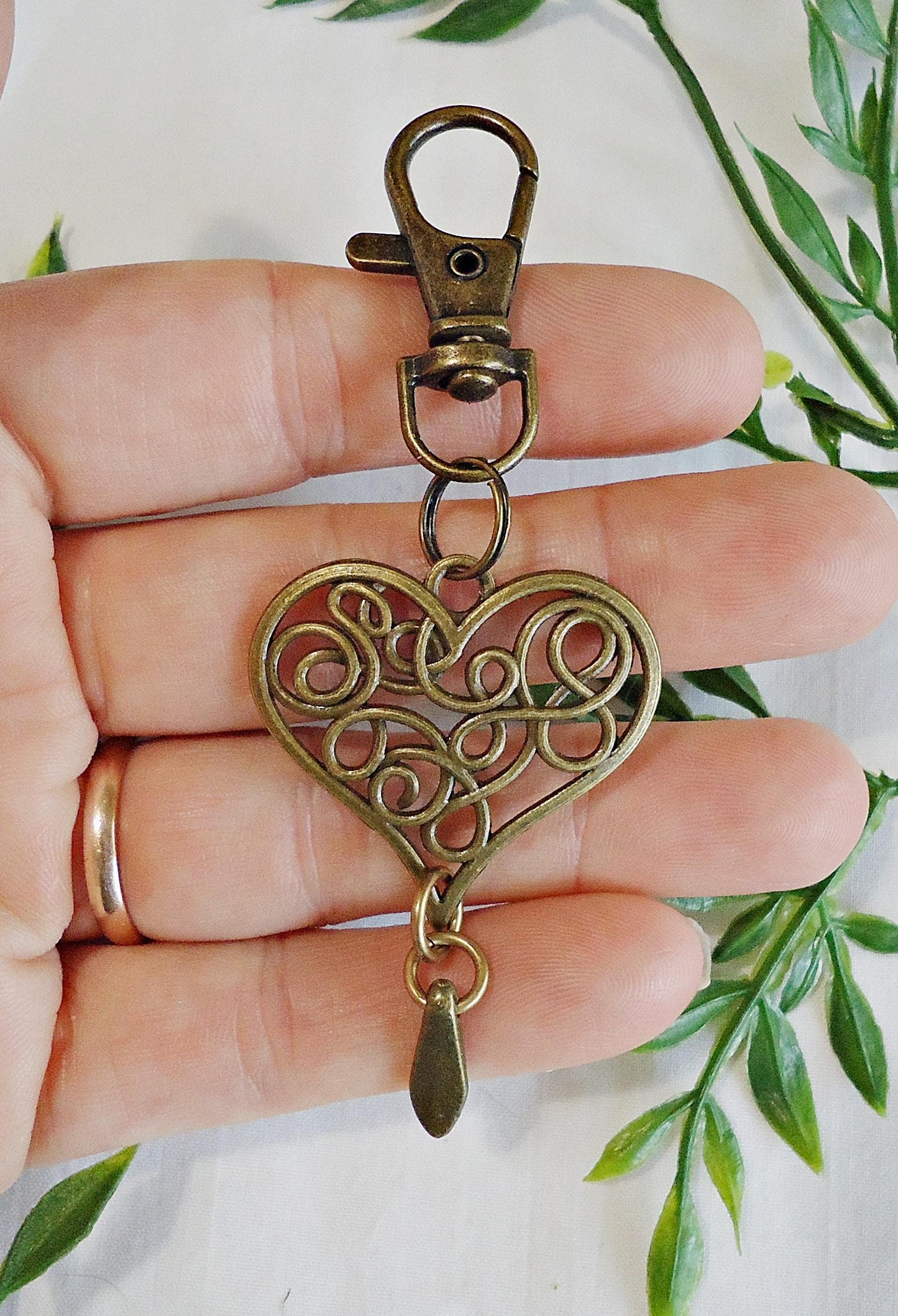Large Swirly Heart Bag Charm, Antique Bronze