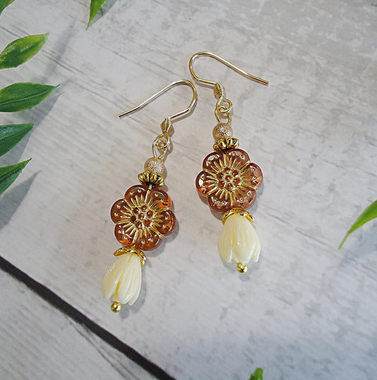 Hibiscus Flower Earrings, Amber, Alabaster, Rose, Gold, Peach, 1 1/8" Dangle