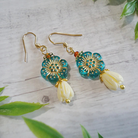 Hibiscus Flower Earrings, Teal Blue and Gold, Alabaster Tulip, 1" Dangle
