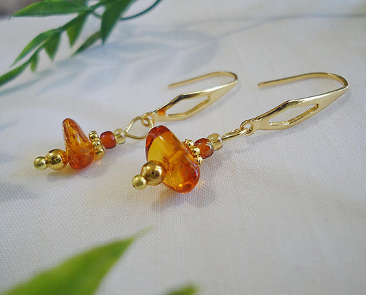 Amber Chip Earrings, Gold and Amber Earrings, 1.5" Dangle