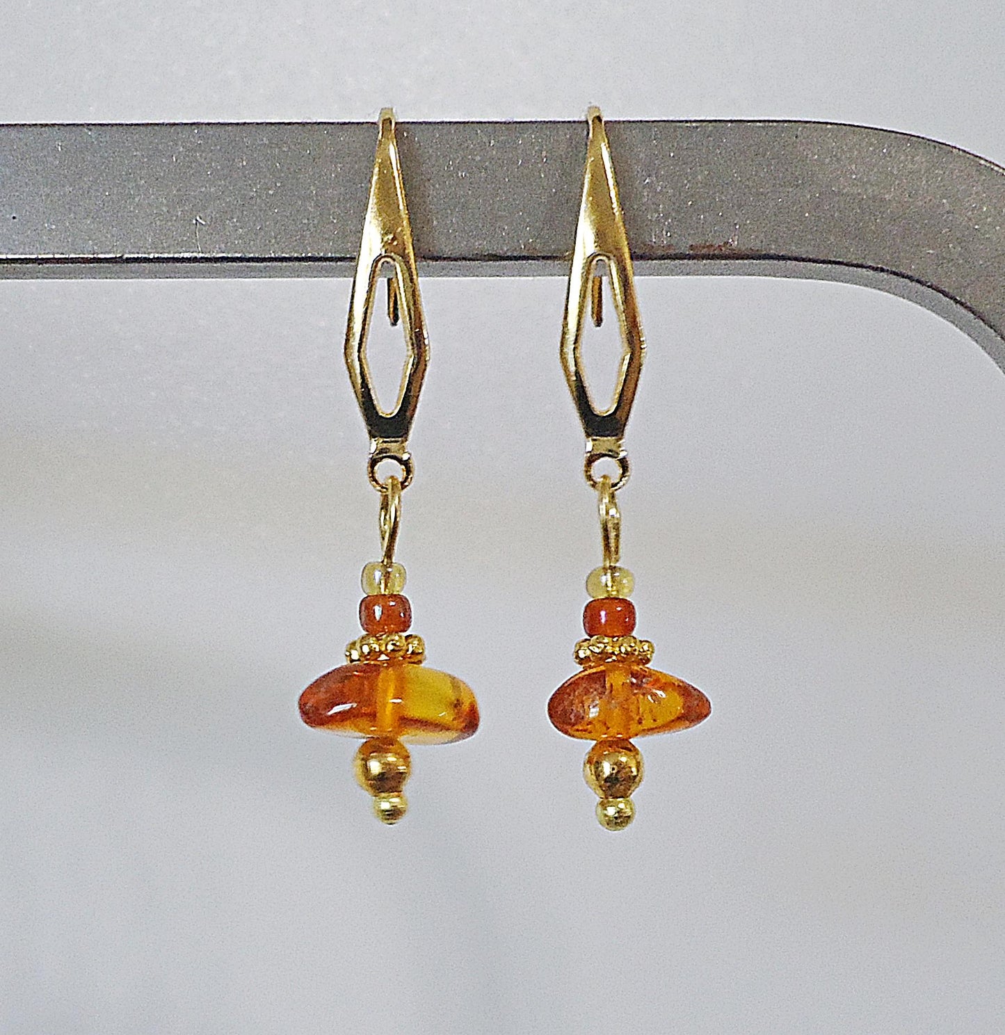 Amber Chip Earrings, Gold and Amber Earrings, 1.5" Dangle