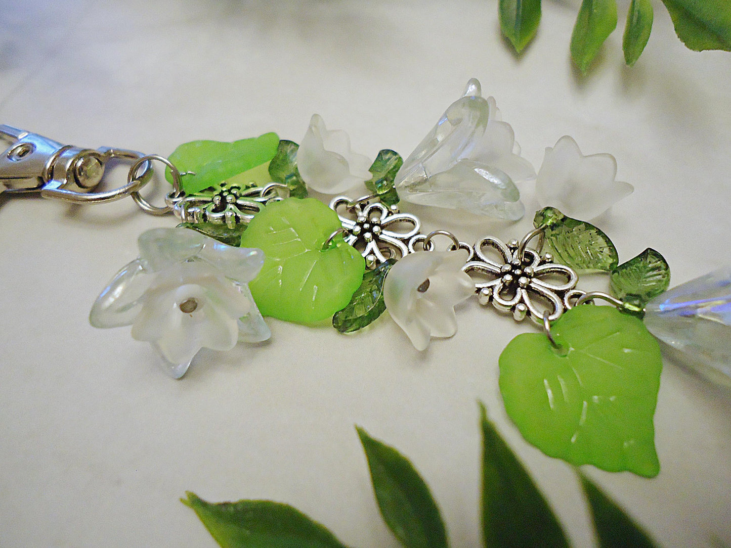 Bag Charm, White Flowers, Green Petals, Silver or Gold Flower, Swivel Clasp, Key Chain, Zipper Pull, Purse Charm, Lily of the Valley, Tulip