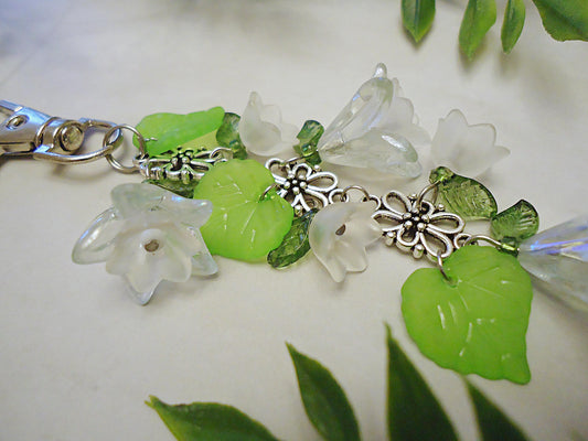 Bag Charm, White Flowers, Green Petals, Silver or Gold Flower, Swivel Clasp, Key Chain, Zipper Pull, Purse Charm, Lily of the Valley, Tulip