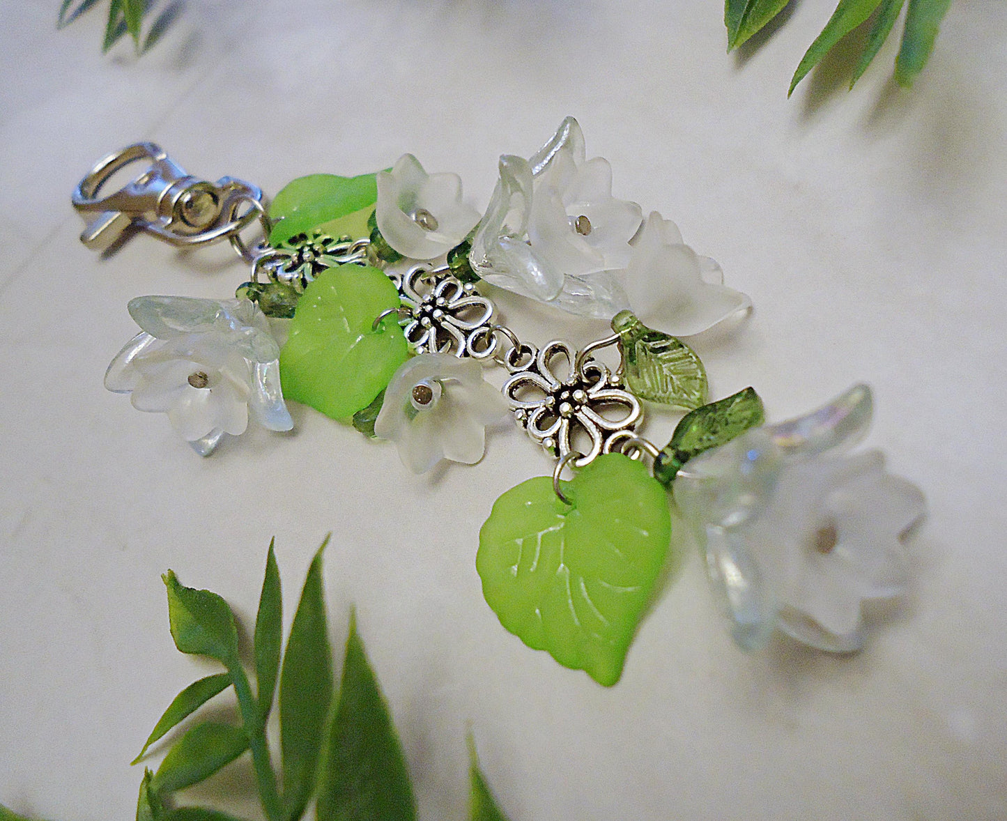 Bag Charm, White Flowers, Green Petals, Silver or Gold Flower, Swivel Clasp, Key Chain, Zipper Pull, Purse Charm, Lily of the Valley, Tulip