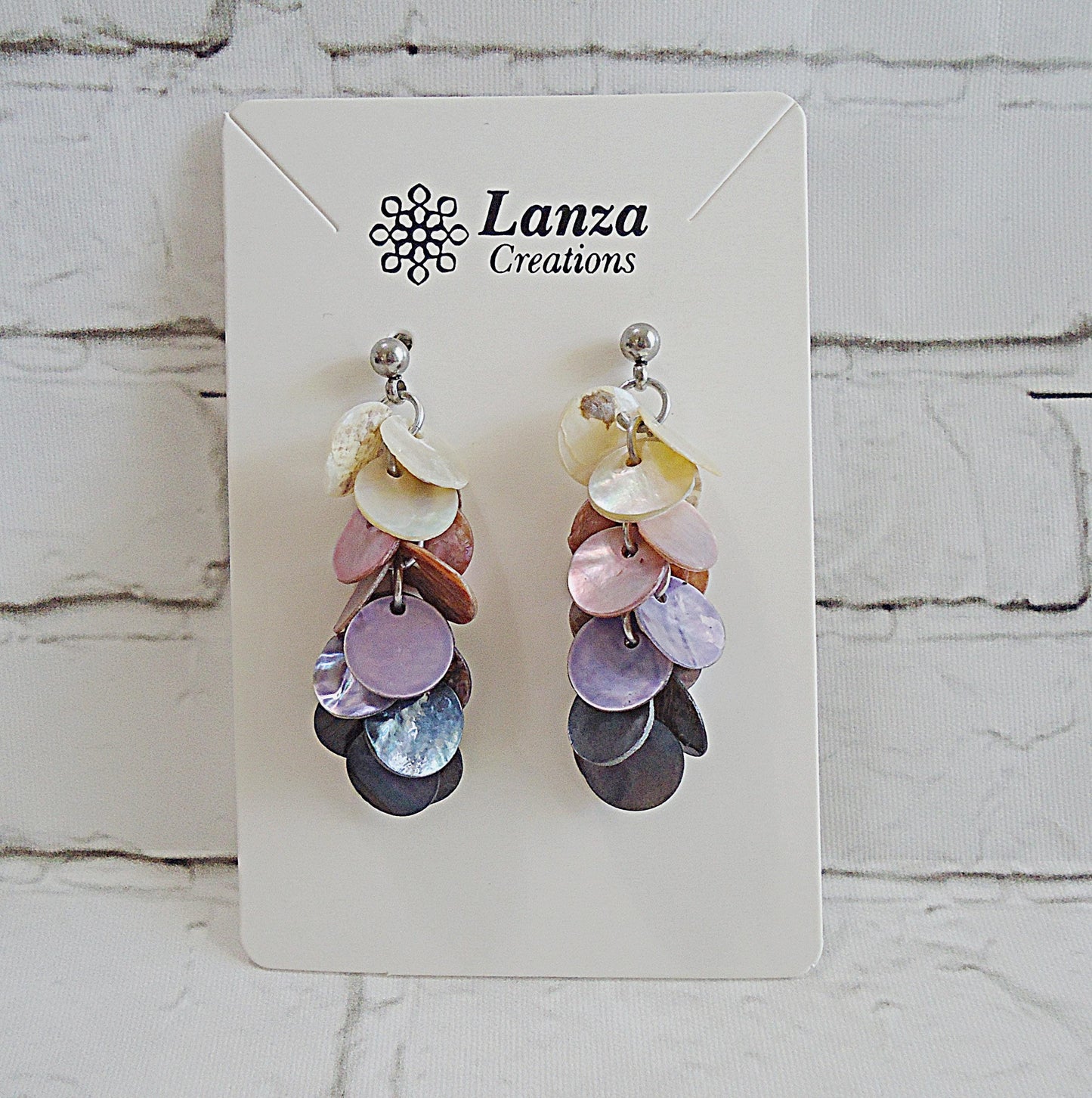 Mother of Pearl Purple Ombre Dangle Earrings, Seashell, Stainless Steel, Post Stud Earrings