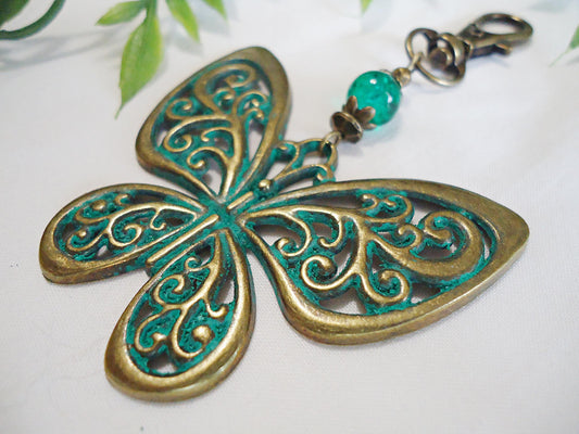 Large Verdigris Butterfly Bag Charm, Zipper Pull, Green Crackle Glass, Green Patina Bronze Butterfly, 3 5/8" Long
