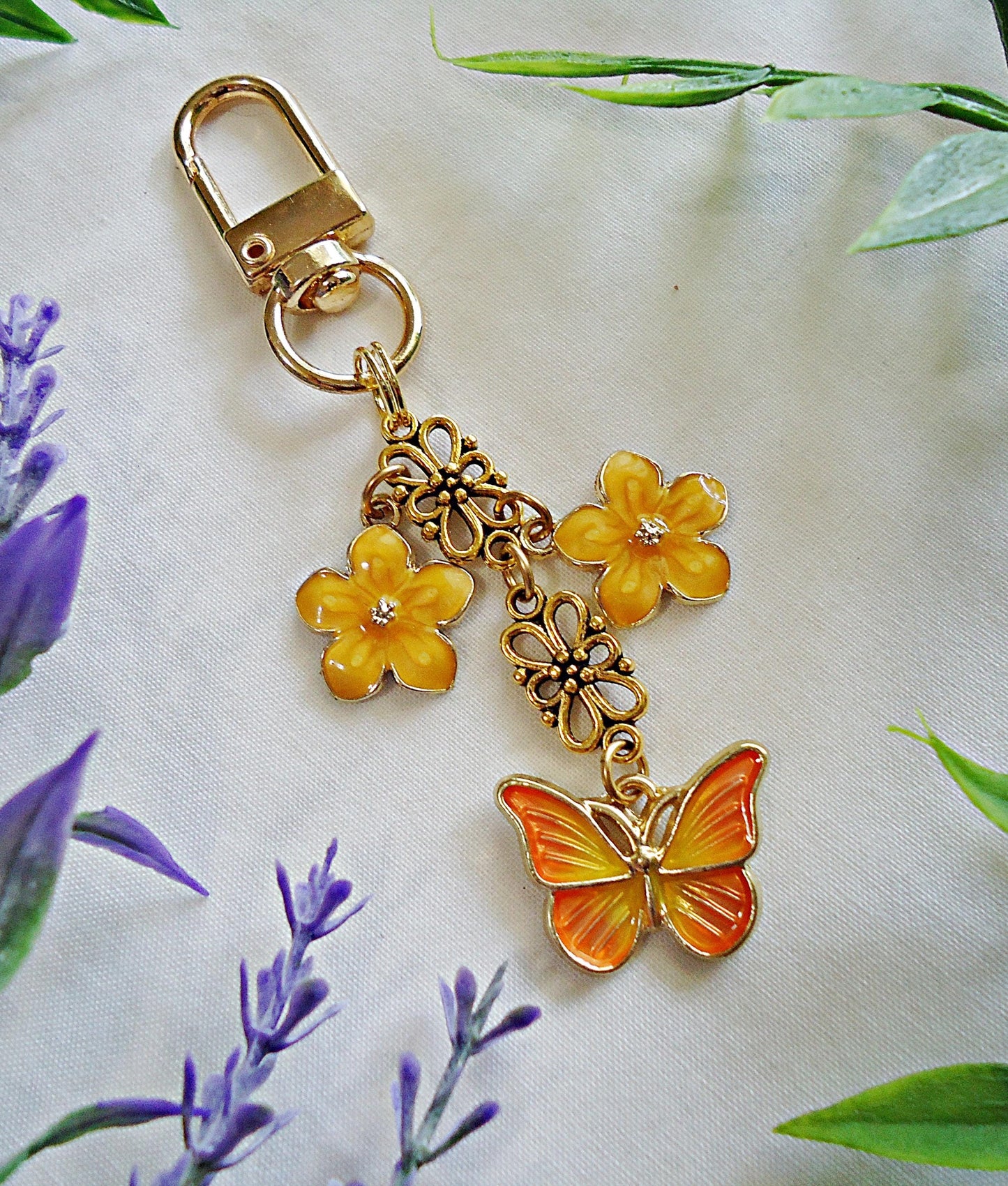 Bag Charm, Orange Butterfly and Flowers, Gold Bag Charm, Enameled Charms, Spring Bag charm, Orange Yellow Keychain