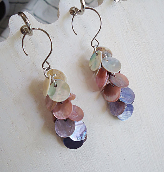 Mother of Pearl Purple Ombre Dangle Earrings, Seashell, Stainless Steel, Post Stud Earrings
