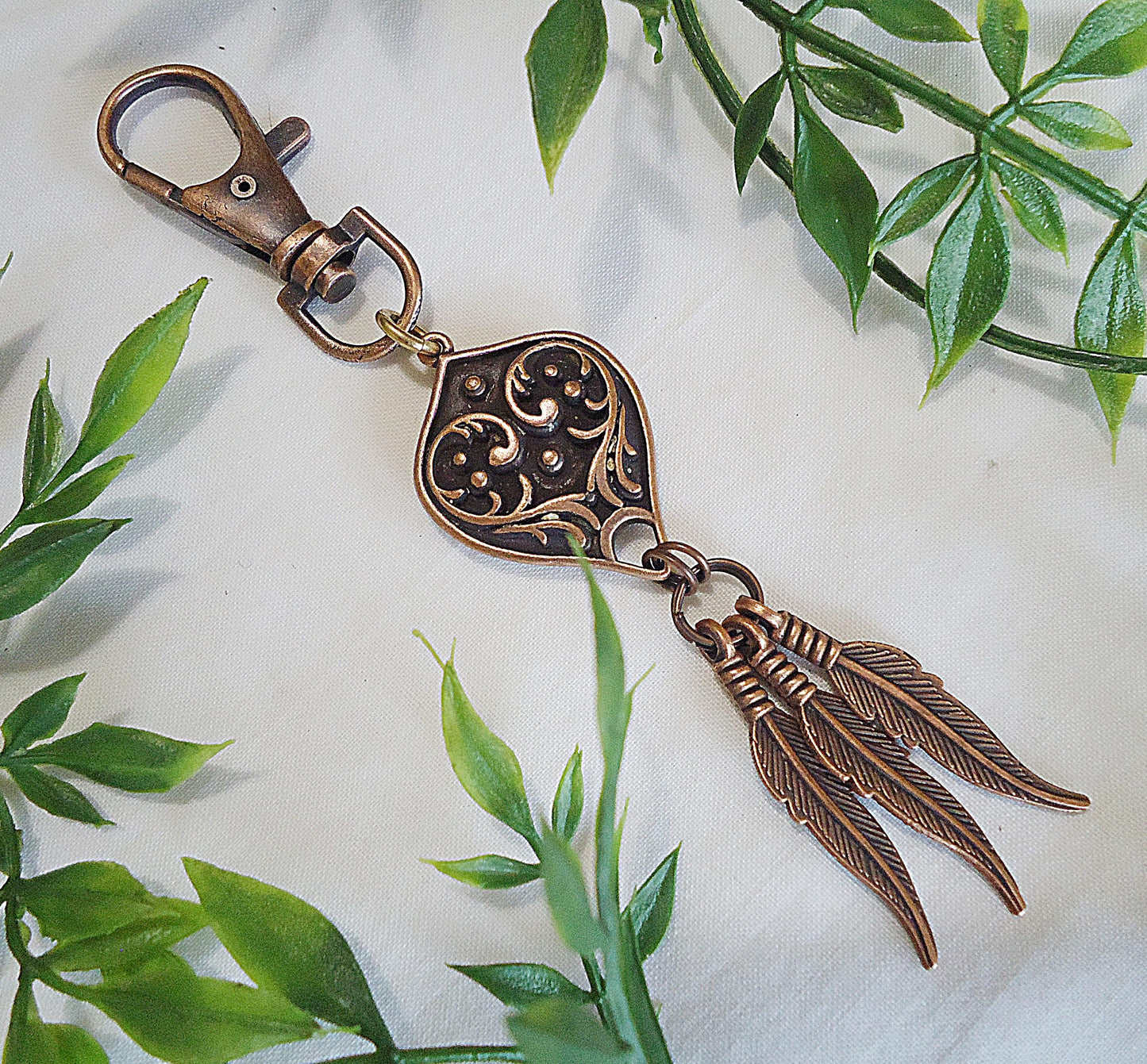 Copper Teardrop and Feathers Bag Charm, Zipper Pull, Minimalist, Vintage Flower, Antique Copper