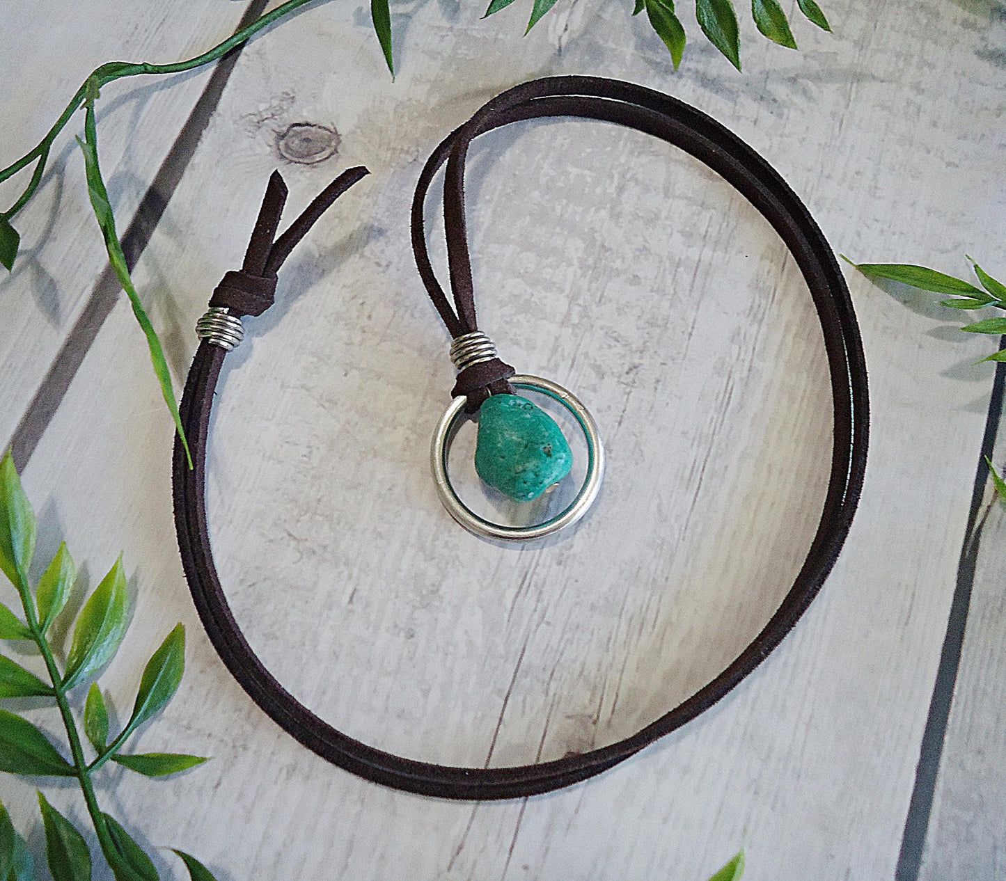 Unisex Suede Necklace with Turquoise Stone, Adjustable Length, Mens or Womens Necklace, Brown Suede, Stainless Steel