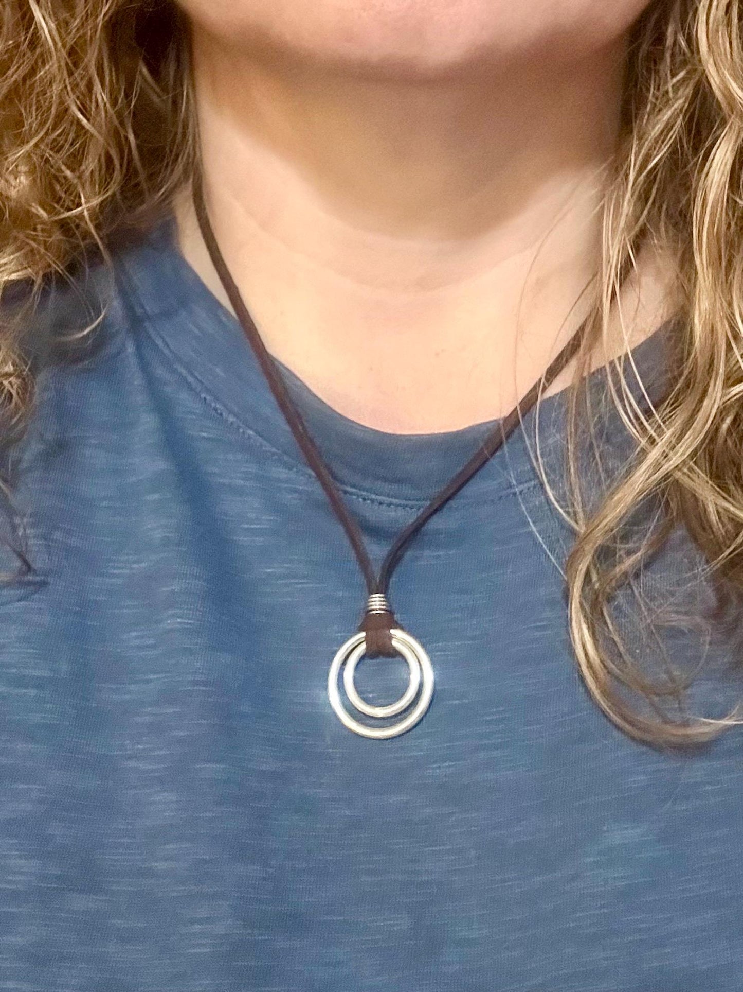 Unisex Suede Necklace with Double Silver Rings, Adjustable Length, Mens or Womens Necklace, Brown Suede, Stainless Steel