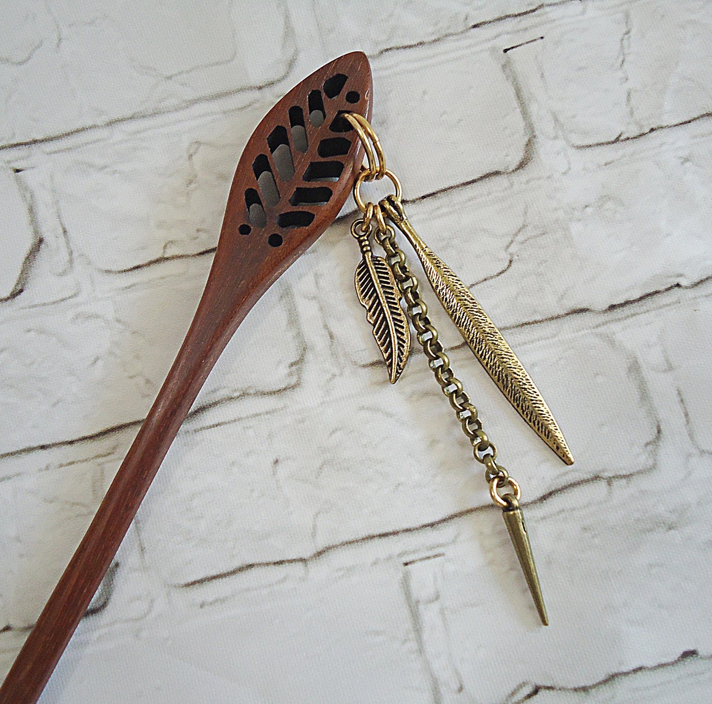 Carved Wooden Hair Sticks - 7" Long - Dark Brown - Lily of the Valley Tulip Bell Flowers, Bronze Feathers, Bronze Celtic Nature, Customize