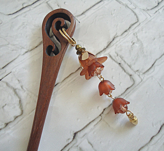 Carved Wooden Hair Sticks - 7" Long - Dark Brown - Lily of the Valley Tulip Bell Flowers, Bronze Feathers, Bronze Celtic Nature, Customize