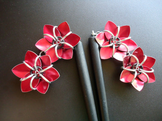 Pair of Black Six Inch Wooden Hair Sticks with Metallic Red Flowers