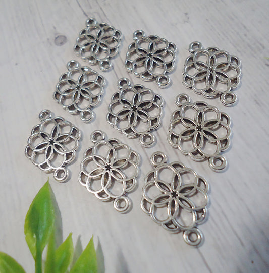 Mandala Flower Links, Antique Silver, 3/4 inch tall, Set of 10