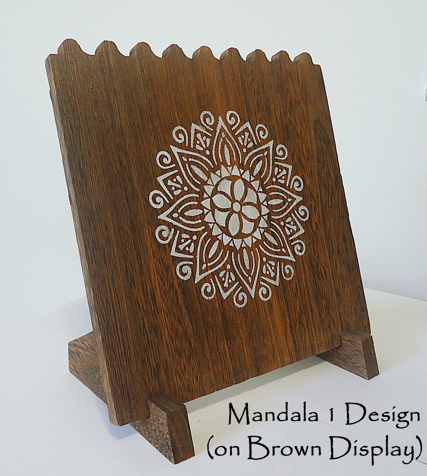 Wooden Necklace Display, Brown or Weathered Brown, Multi-Necklace, 10.25" High, Pegs on Back, Mandala, Flower, Tree of Life, Feathers, Grass