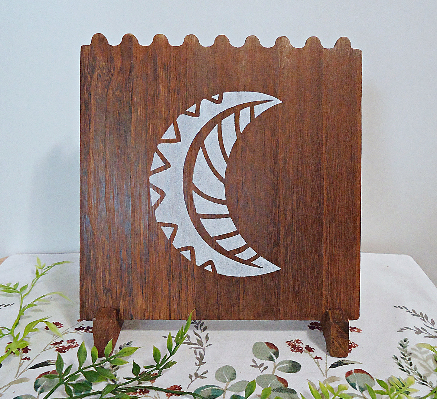 Wooden Necklace Display, Brown or Weathered Brown, Multi-Necklace, 10.25" High, Pegs on Back, Mandala, Flower, Tree of Life, Feathers, Grass