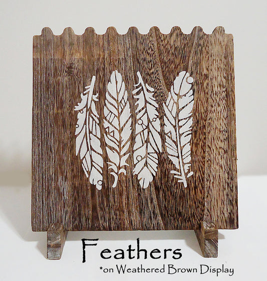 Wooden Necklace Display, Brown or Weathered Brown, Multi-Necklace, 10.25" High, Pegs on Back, Mandala, Flower, Tree of Life, Feathers, Grass